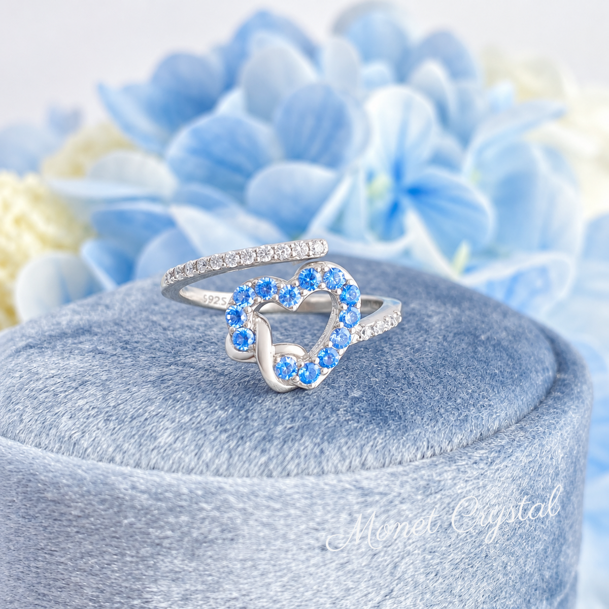 “Always Us” S925 Sterling Silver Blue Zircon Heart Adjustable Ring