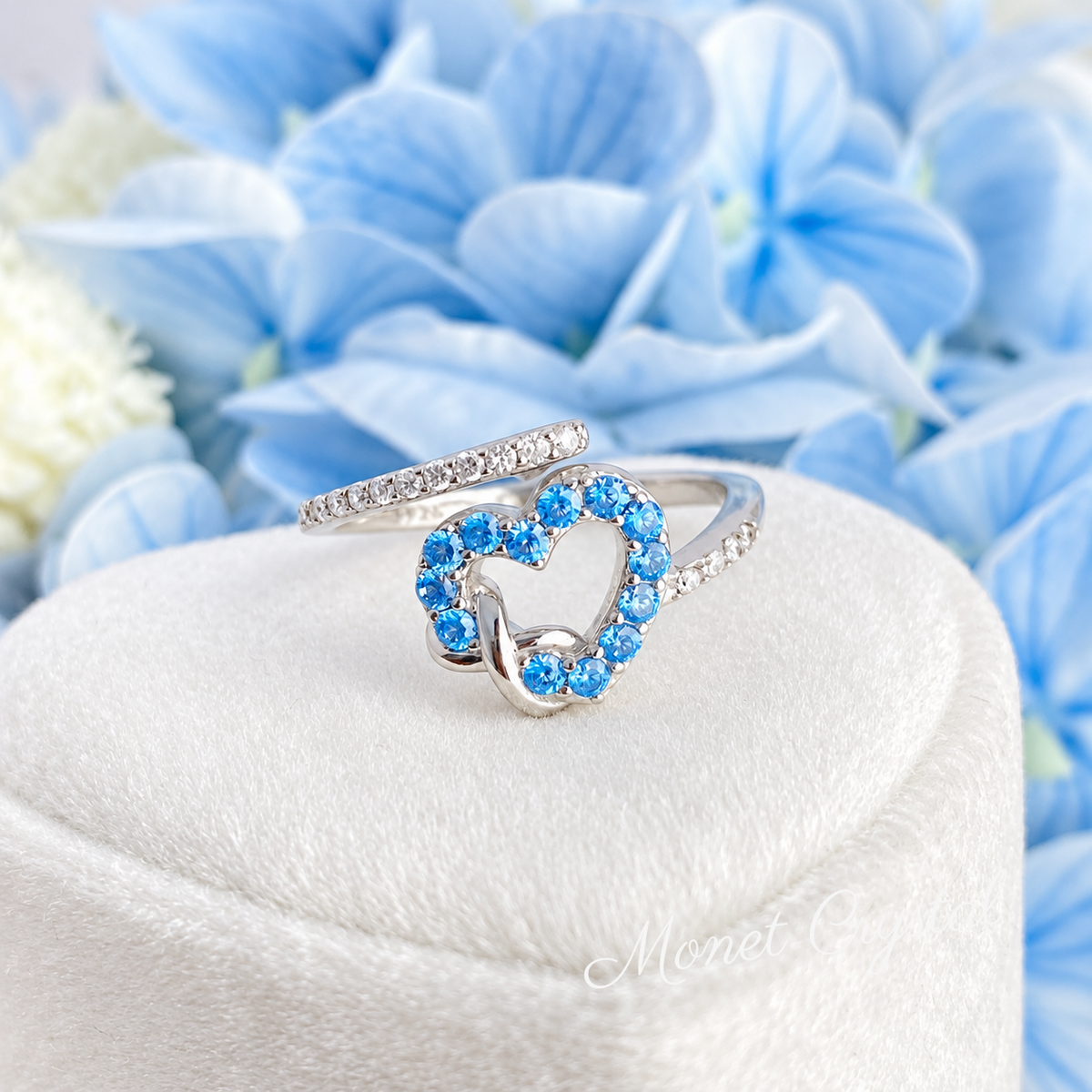“Always Us” S925 Sterling Silver Blue Zircon Heart Adjustable Ring