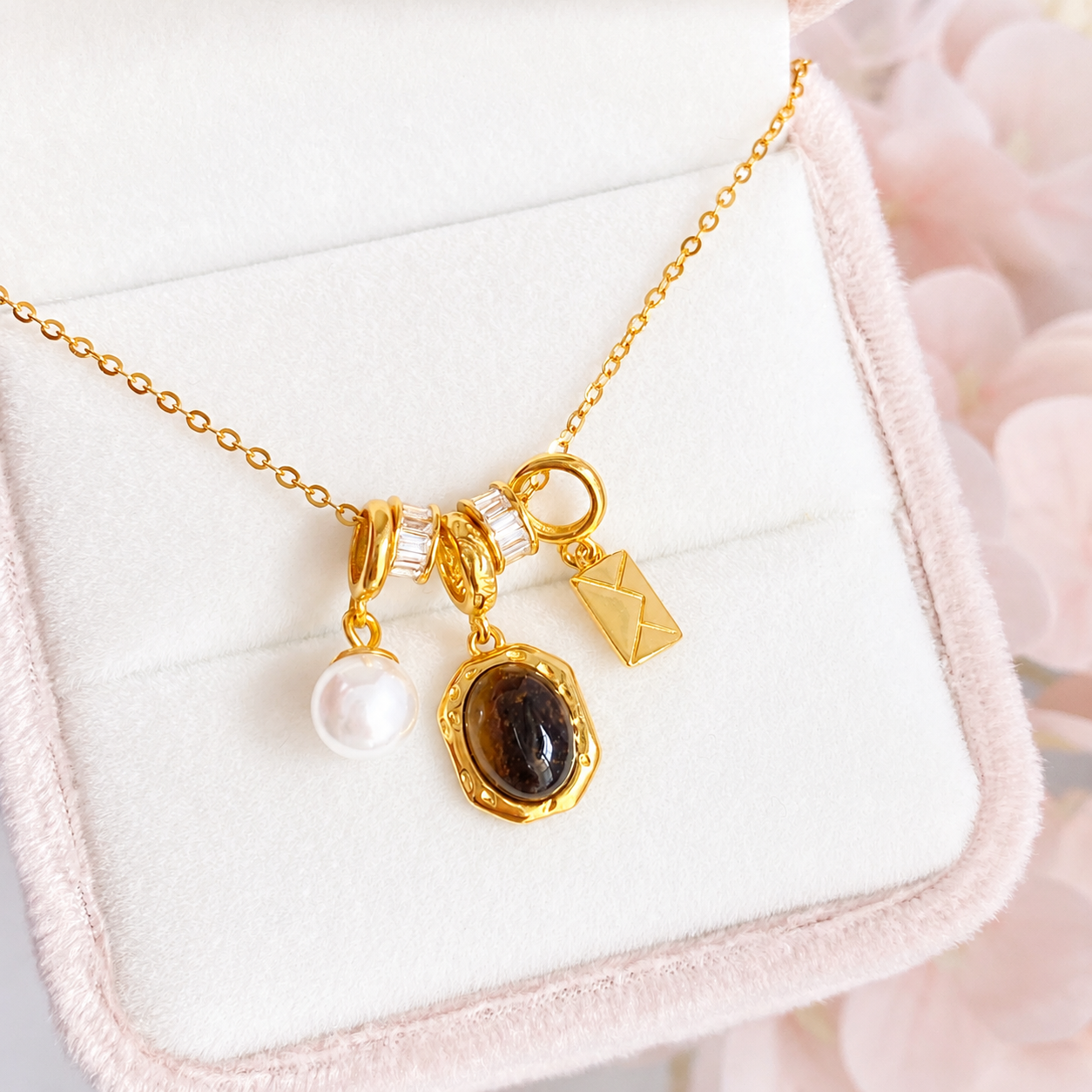 “Amber Letter” S925 Sterling Silver Tiger’s Eye & Pearl Charm Necklace