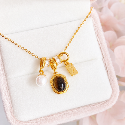 “Amber Letter” S925 Sterling Silver Tiger’s Eye & Pearl Charm Necklace