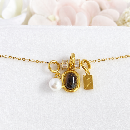 “Amber Letter” S925 Sterling Silver Tiger’s Eye & Pearl Charm Necklace