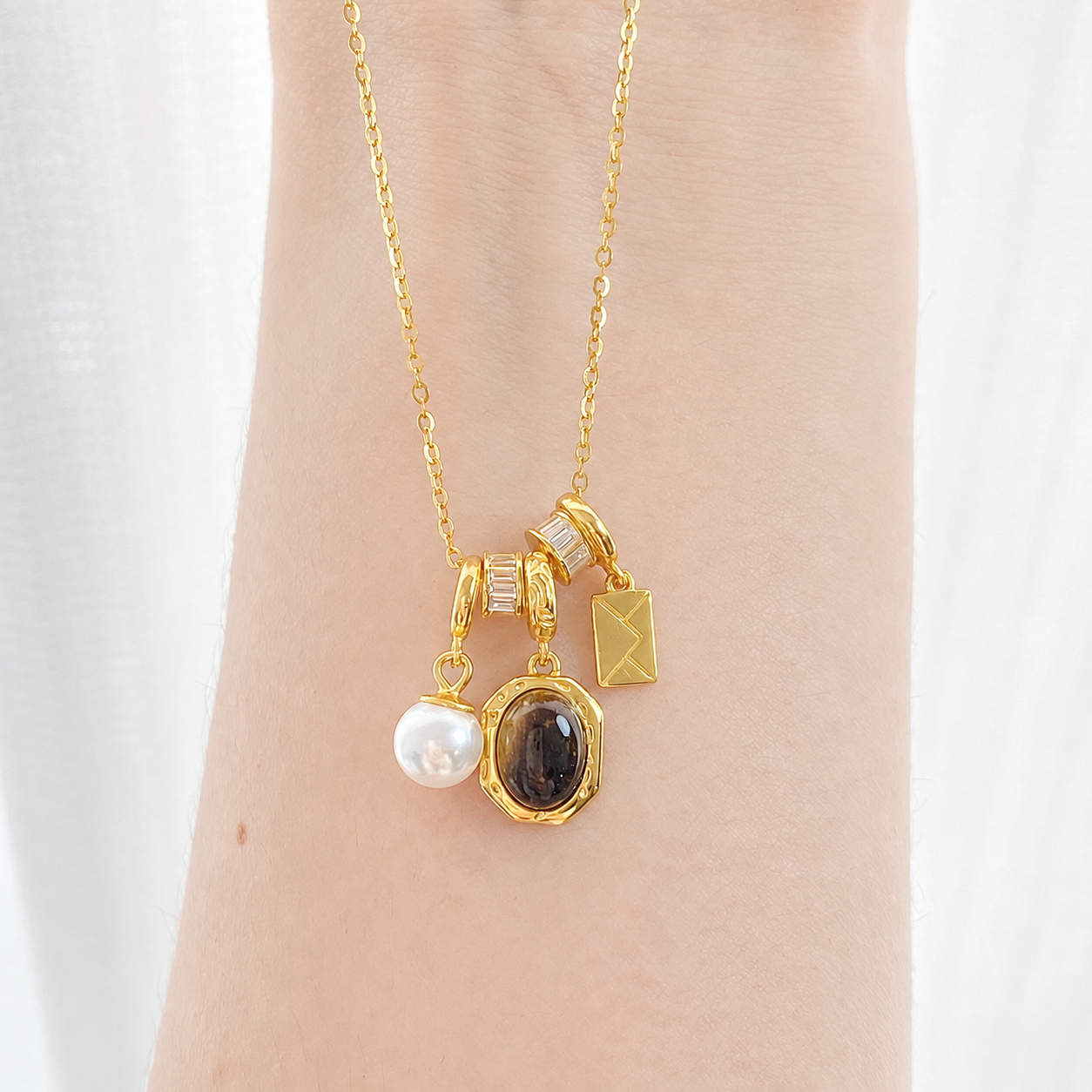 “Amber Letter” S925 Sterling Silver Tiger’s Eye & Pearl Charm Necklace