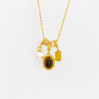 “Amber Letter” S925 Sterling Silver Tiger’s Eye & Pearl Charm Necklace