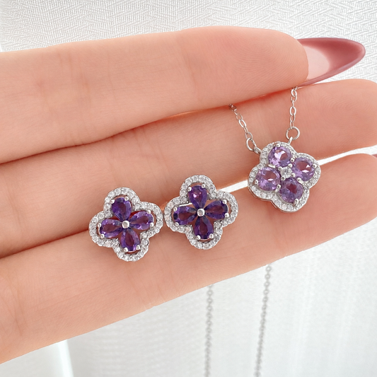 “Amethyst Clover” S925 Sterling Silver Natural Amethyst Clover Jewelry Set (Necklace & Earrings)