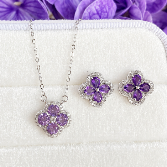 “Amethyst Clover” S925 Sterling Silver Natural Amethyst Clover Jewelry Set (Necklace & Earrings)