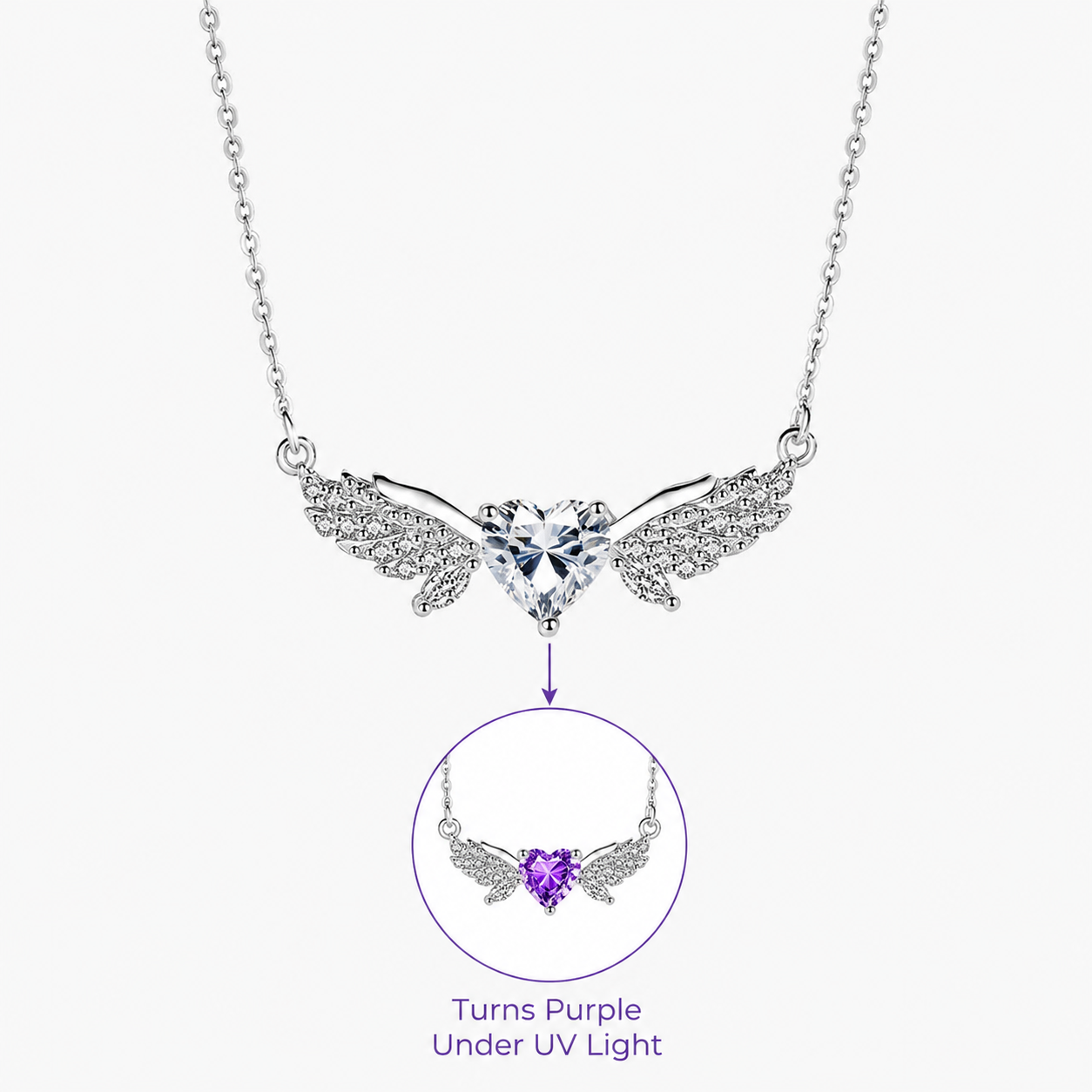 “Angel Aura” S925 Sterling Silver Angel Wing Heart UV Color-Changing Necklace