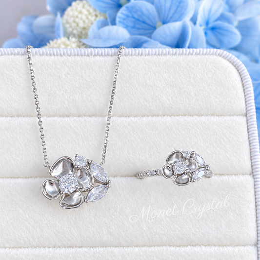“April Letter” S925 Sterling Silver Zircon Clover Necklace & Ring Set