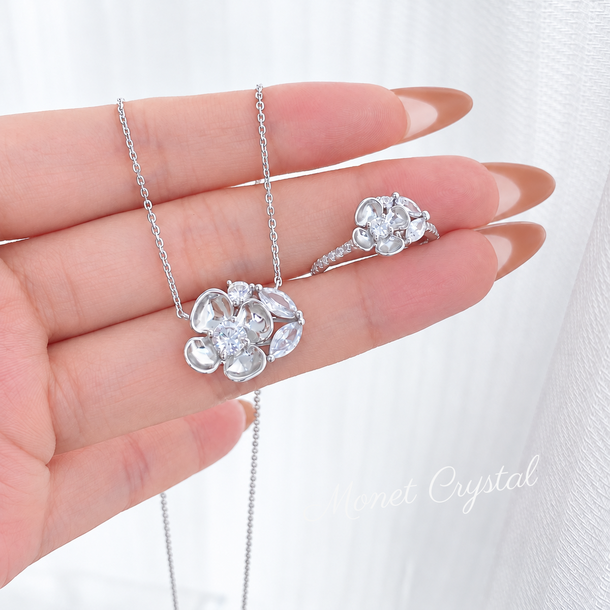 “April Letter” S925 Sterling Silver Zircon Clover Necklace & Ring Set