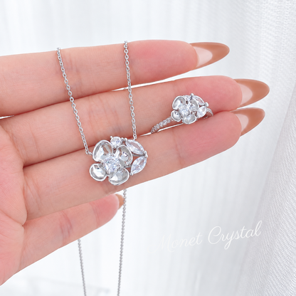 “April Letter” S925 Sterling Silver Zircon Clover Necklace & Ring Set