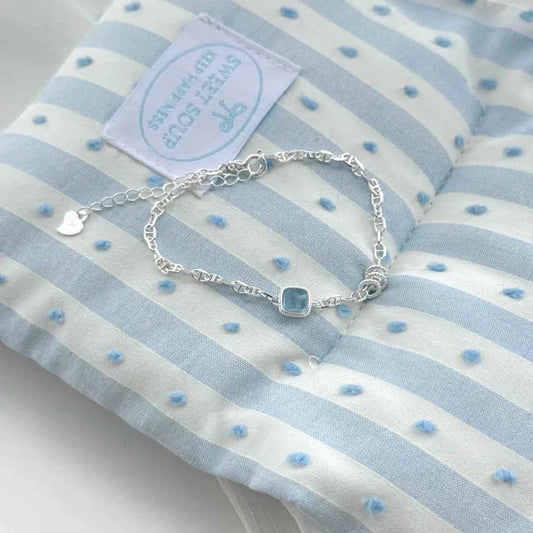 "Aqua Cube Piggy" 925 Sterling Silver Aquamarine & Pig-Nose Chain Bracelet – Minimalist Ocean Chic