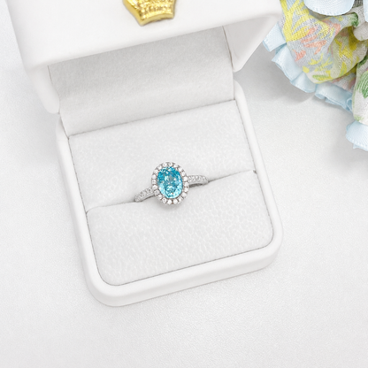 “Aqua Halo” S925 Sterling Silver 1.5CT Aquamarine High Carbon Diamond Ring