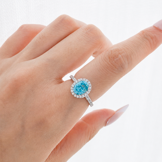 “Aqua Halo” S925 Sterling Silver 1.5CT Aquamarine High Carbon Diamond Ring