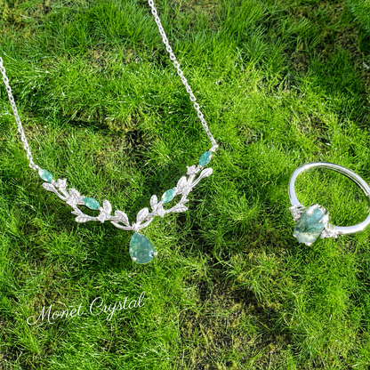 “Athena Wreath” S925 Sterling Silver Moss Agate Olive Branch Jewelry Set