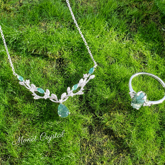 “Athena Wreath” S925 Sterling Silver Moss Agate Olive Branch Jewelry Set