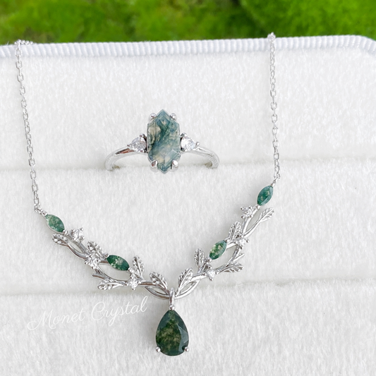 “Athena Wreath” S925 Sterling Silver Moss Agate Olive Branch Jewelry Set