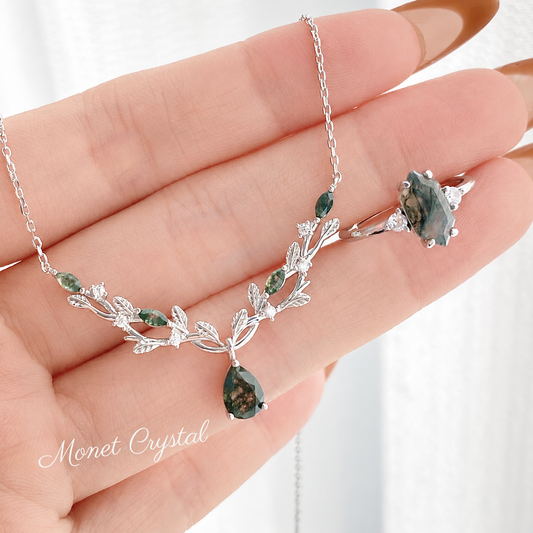 “Athena Wreath” S925 Sterling Silver Moss Agate Olive Branch Jewelry Set