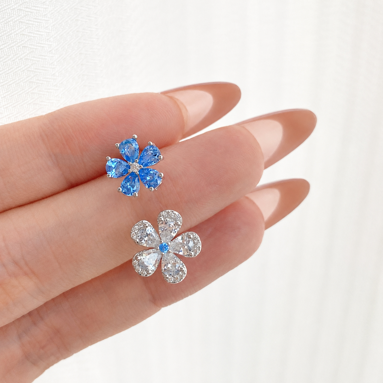 “Azure Bloom” S925 Sterling Silver Blue & White Zircon Double Flower Adjustable Ring