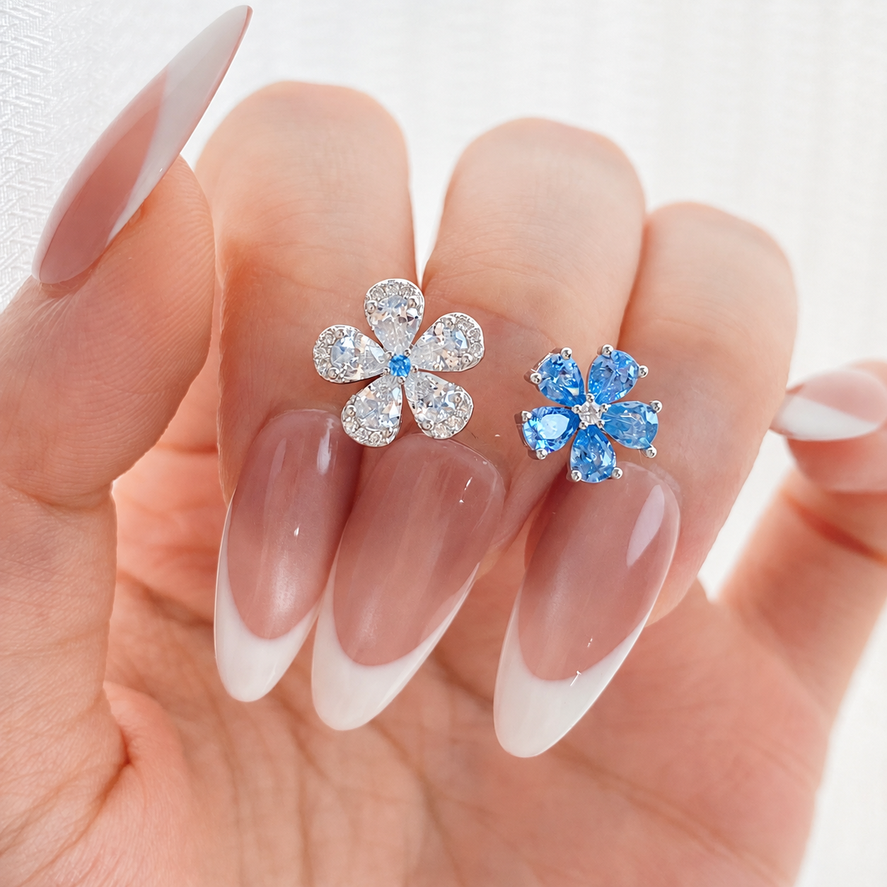 “Azure Bloom” S925 Sterling Silver Blue & White Zircon Double Flower Adjustable Ring