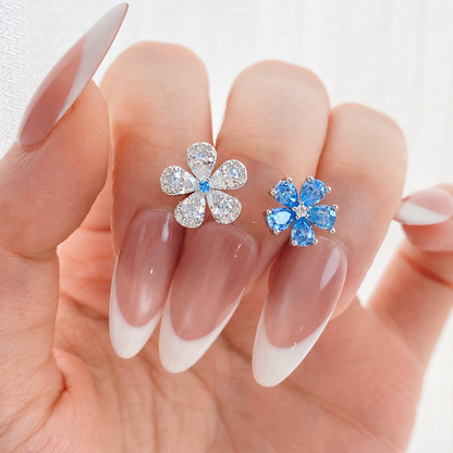 “Azure Bloom” S925 Sterling Silver Blue & White Zircon Double Flower Adjustable Ring