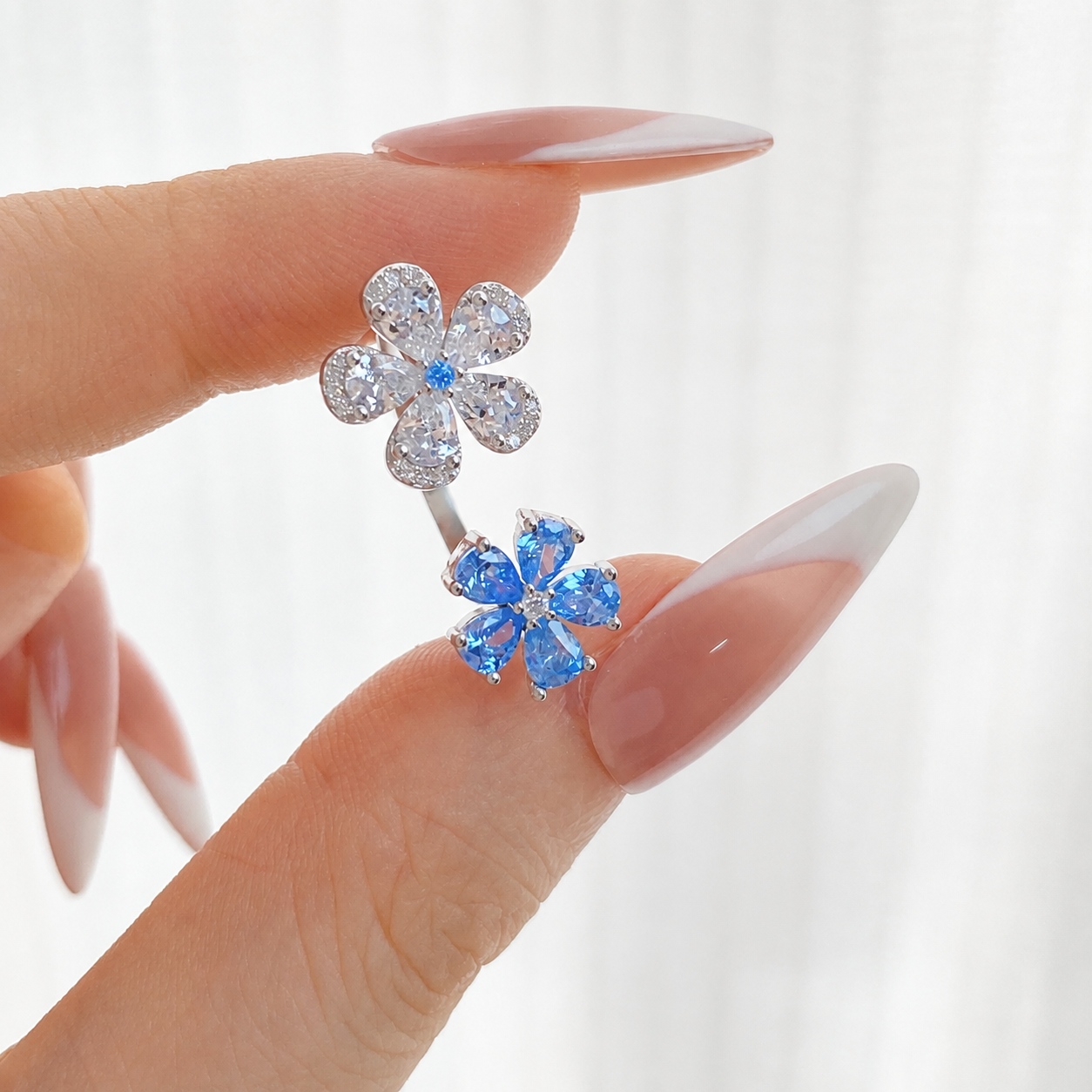 “Azure Bloom” S925 Sterling Silver Blue & White Zircon Double Flower Adjustable Ring