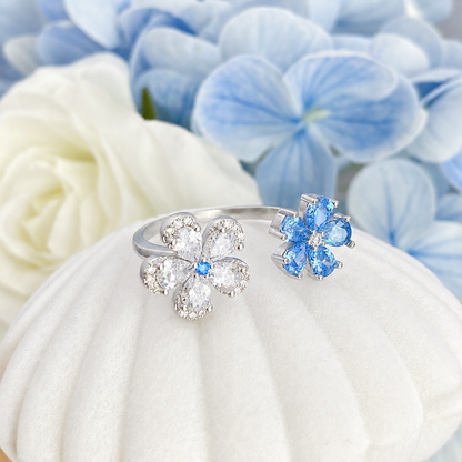 “Azure Bloom” S925 Sterling Silver Blue & White Zircon Double Flower Adjustable Ring