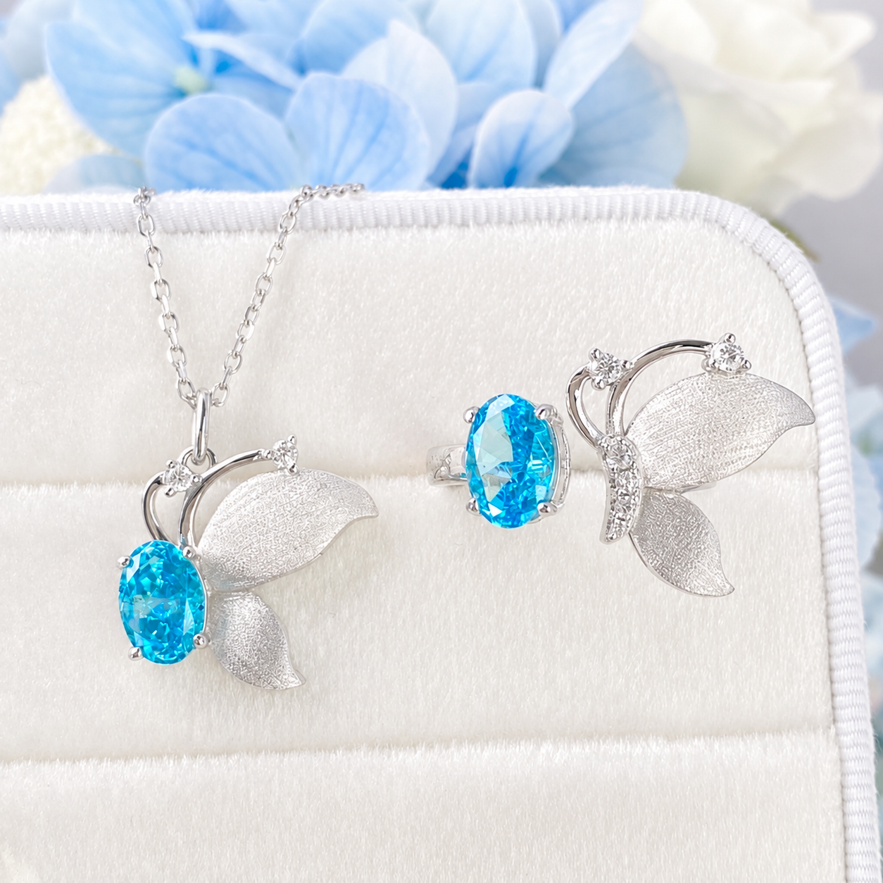 “Azure Flutter” S925 Sterling Silver Blue Butterfly Ring & Necklace Set
