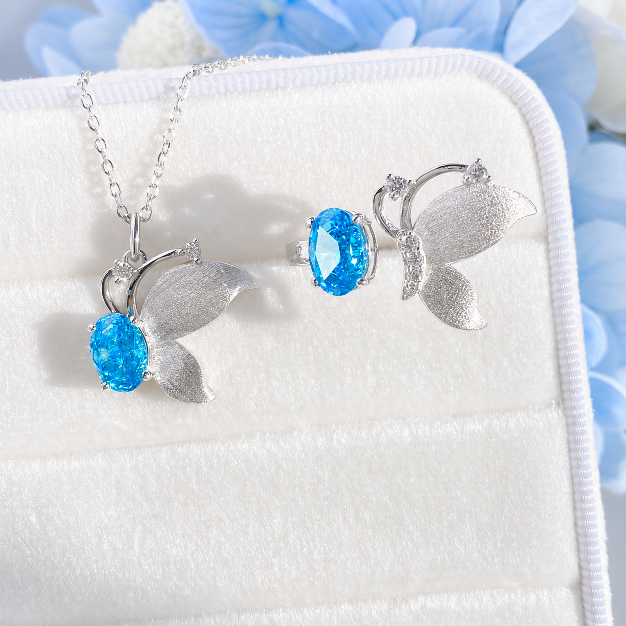 “Azure Flutter” S925 Sterling Silver Blue Butterfly Ring & Necklace Set