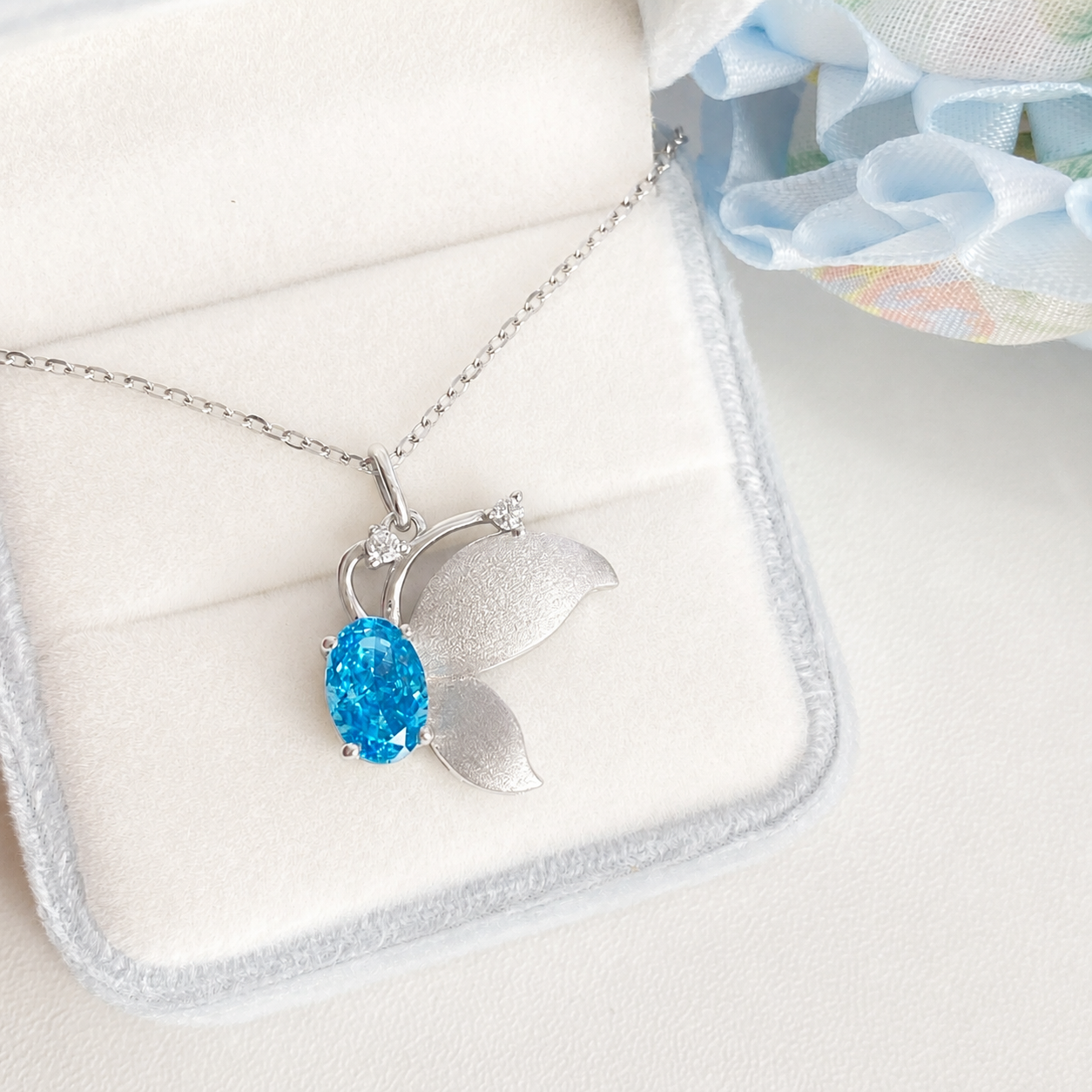 “Azure Flutter” S925 Sterling Silver Blue Butterfly Ring & Necklace Set