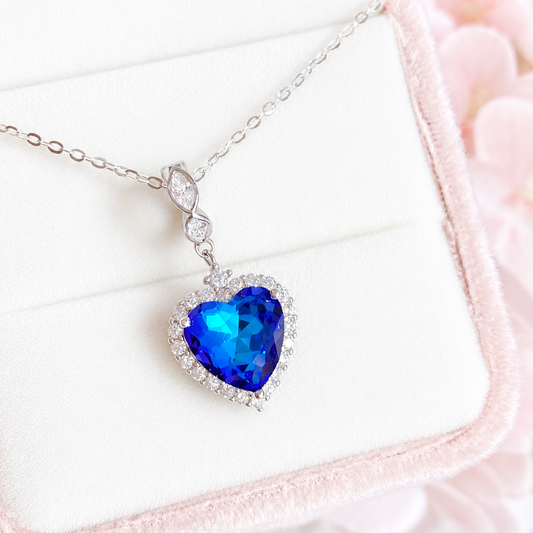 “Azure Heart” S925 Sterling Silver Blue Zircon Heart Necklace