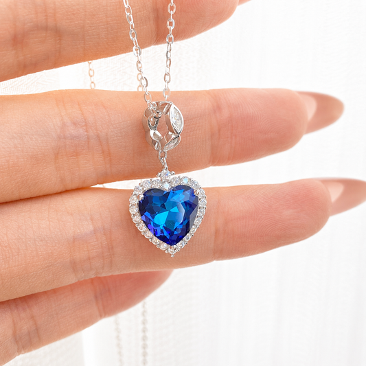 “Azure Heart” S925 Sterling Silver Blue Zircon Heart Necklace