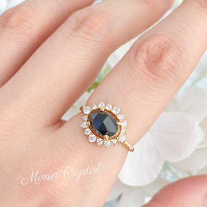 “Black Bloom” 10K Gold Plated S925 Sterling Silver Black Agate Adjustable Ring
