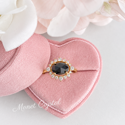 “Black Bloom” 10K Gold Plated S925 Sterling Silver Black Agate Adjustable Ring