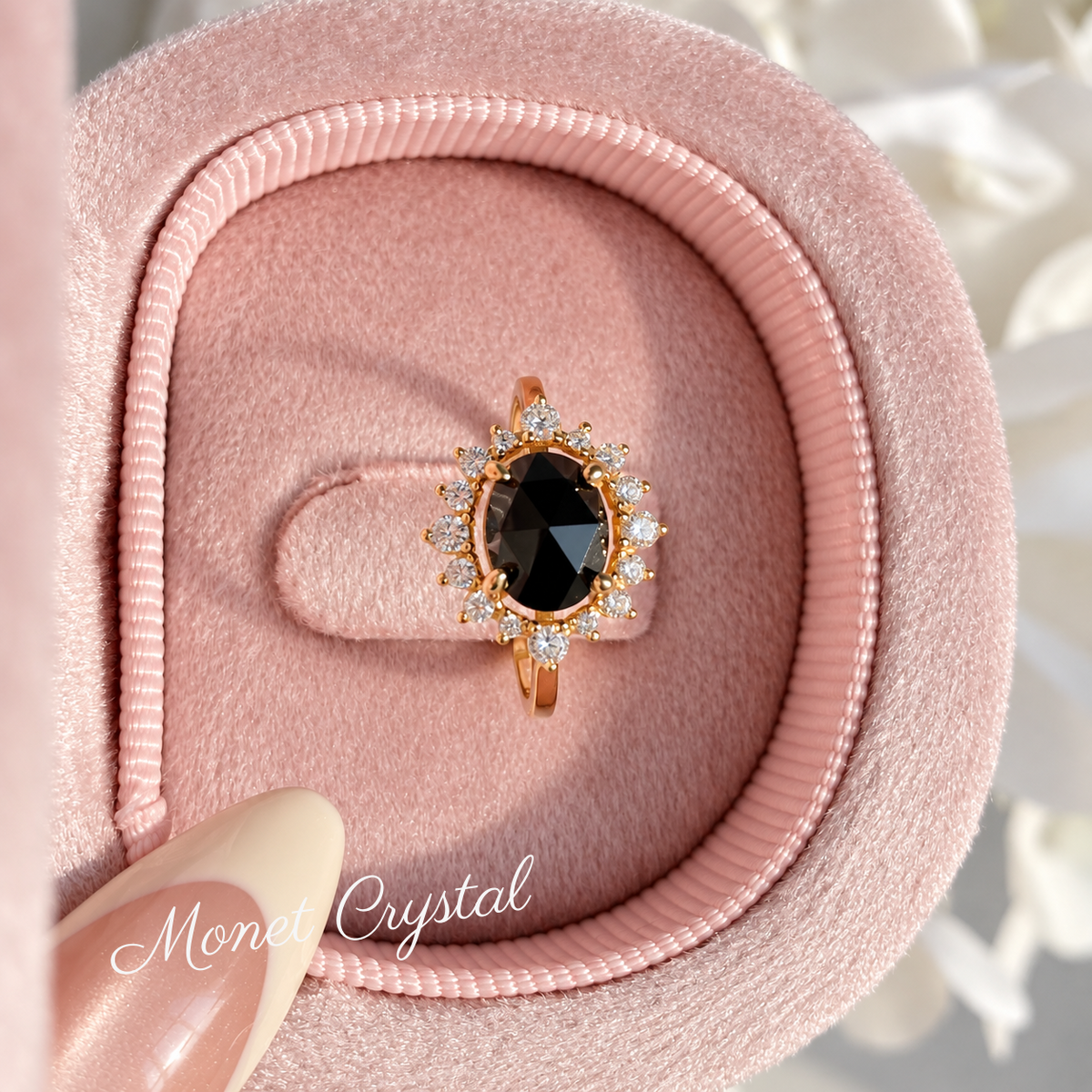 “Black Bloom” 10K Gold Plated S925 Sterling Silver Black Agate Adjustable Ring