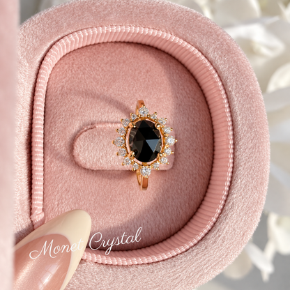 “Black Bloom” 10K Gold Plated S925 Sterling Silver Black Agate Adjustable Ring