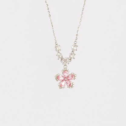 “Blossom Starlight” S925 Sterling Silver Pink Zircon Flower Necklace