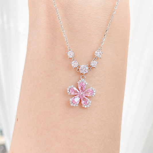 “Blossom Starlight” S925 Sterling Silver Pink Zircon Flower Necklace