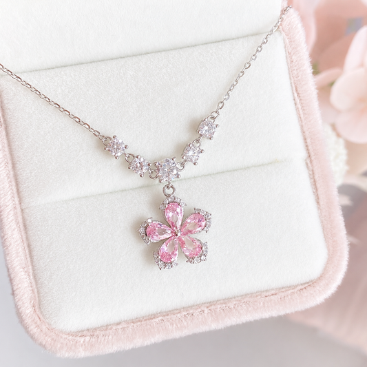 “Blossom Starlight” S925 Sterling Silver Pink Zircon Flower Necklace