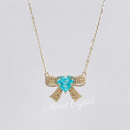 “Blue Bow Éclat” S925 Sterling Silver Ice-Cut Blue Heart Bow Necklace