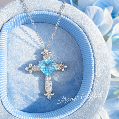 “Blue Devotion” S925 Sterling Silver Natural Topaz Heart Cross Necklace