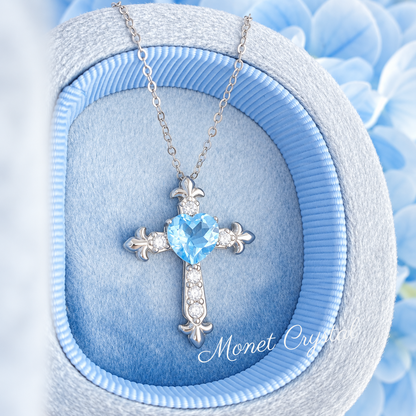 “Blue Devotion” S925 Sterling Silver Natural Topaz Heart Cross Necklace
