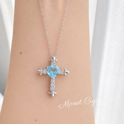 “Blue Devotion” S925 Sterling Silver Natural Topaz Heart Cross Necklace