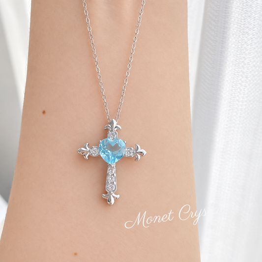 “Blue Devotion” S925 Sterling Silver Natural Topaz Heart Cross Necklace