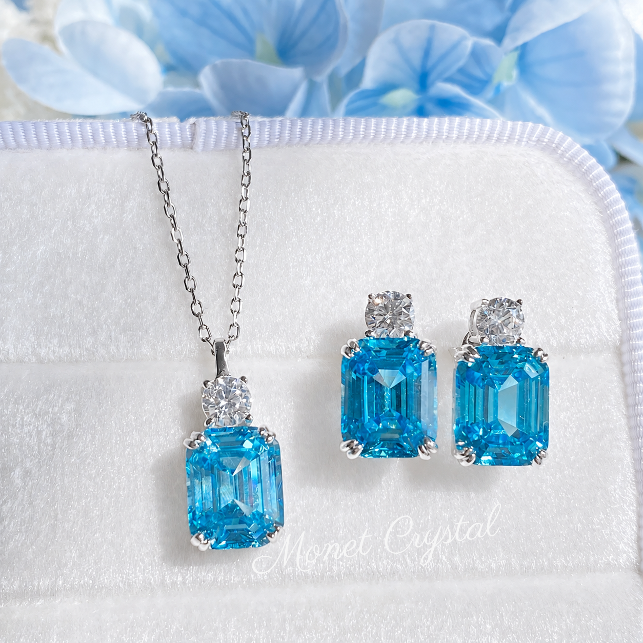 “Blue Essence” S925 Sterling Silver 4CT Aquamarine Zircon Jewelry Set