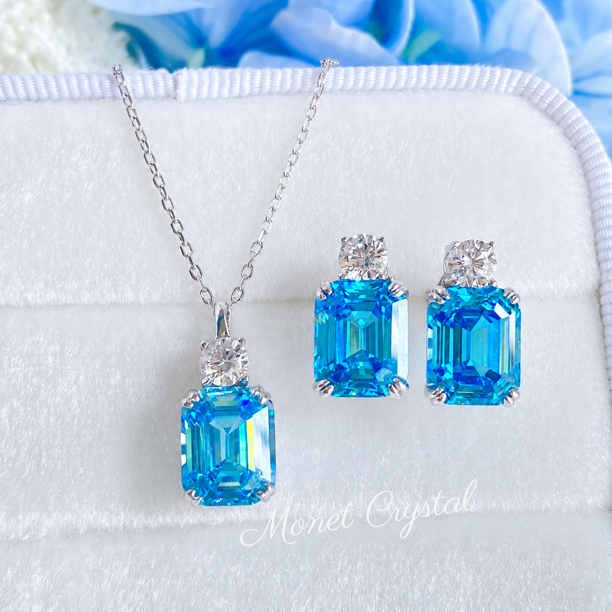 “Blue Essence” S925 Sterling Silver 4CT Aquamarine Zircon Jewelry Set