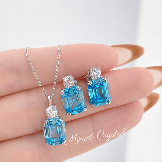 “Blue Essence” S925 Sterling Silver 4CT Aquamarine Zircon Jewelry Set