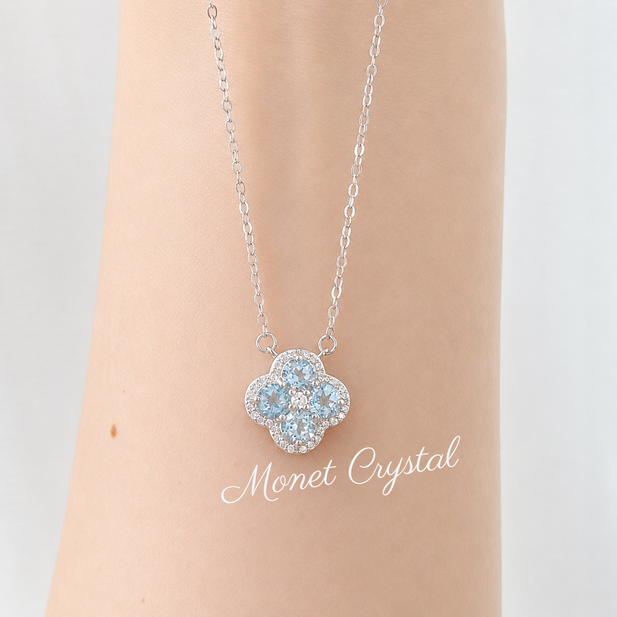 “Blue Fortune” S925 Sterling Silver Natural Blue Topaz Clover Jewelry Set (Necklace & Earrings)