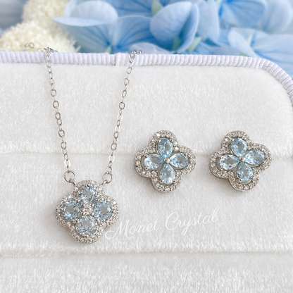 “Blue Fortune” S925 Sterling Silver Natural Blue Topaz Clover Jewelry Set (Necklace & Earrings)
