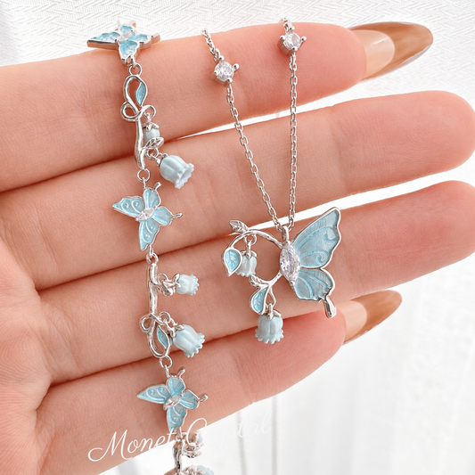 “Bluebell Flutter” 925 Sterling Silver Butterfly & Lily of the Valley Necklace & Bracelet Set