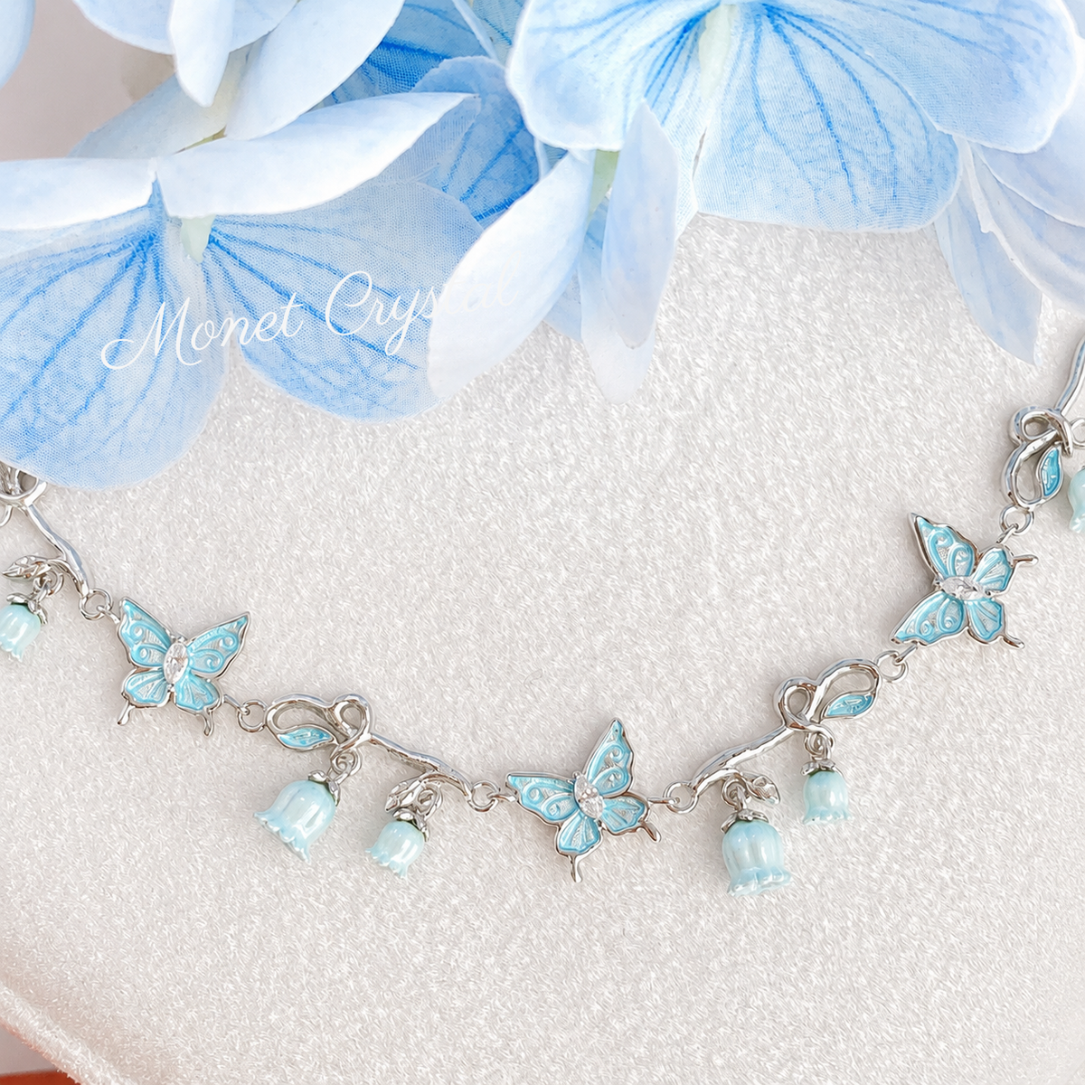 “Bluebell Flutter” 925 Sterling Silver Butterfly & Lily of the Valley Necklace & Bracelet Set