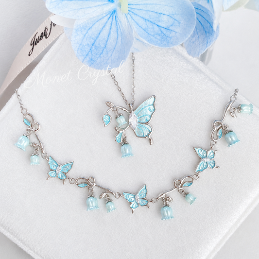 “Bluebell Flutter” 925 Sterling Silver Butterfly & Lily of the Valley Necklace & Bracelet Set